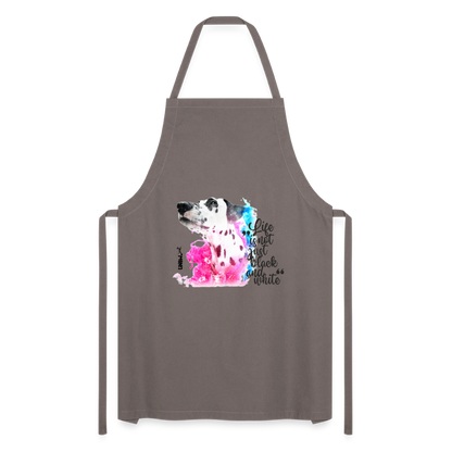 Kochschürze „Life is not just black and white“ – Statement mit Dalmatiner und Farb-Splash - Grau