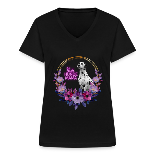 LiNBW. Frauen T-Shirt V-Ausschnitt Beste Hundemama - Schwarz