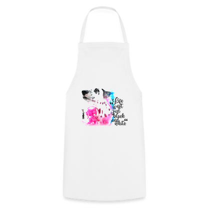 Kochschürze „Life is not just black and white“ – Statement mit Dalmatiner und Farb-Splash - Weiß