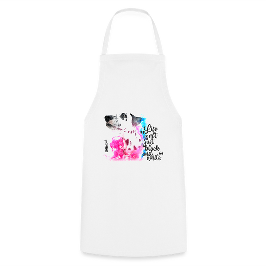 Kochschürze „Life is not just black and white“ – Statement mit Dalmatiner und Farb-Splash - Weiß