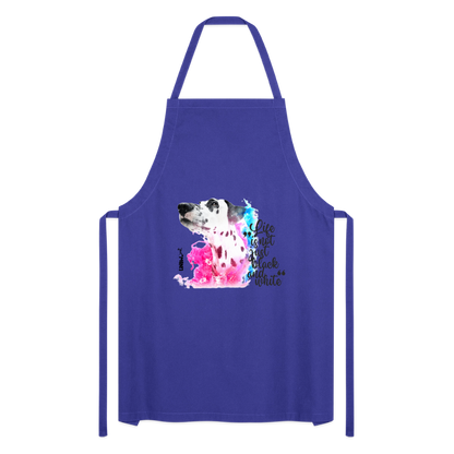 Kochschürze „Life is not just black and white“ – Statement mit Dalmatiner und Farb-Splash - Royalblau