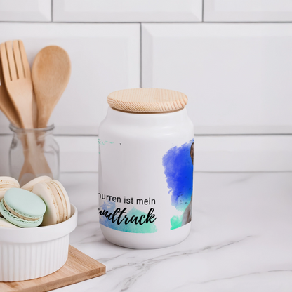 LiNBW. Leckerlidose aus Keramik  mit Holzdeckel Schnurren ist mein Soundtrack - Weiß