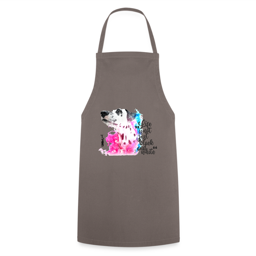 Kochschürze „Life is not just black and white“ – Statement mit Dalmatiner und Farb-Splash - Grau