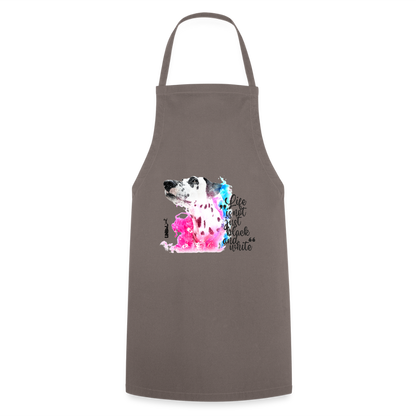 Kochschürze „Life is not just black and white“ – Statement mit Dalmatiner und Farb-Splash - Grau