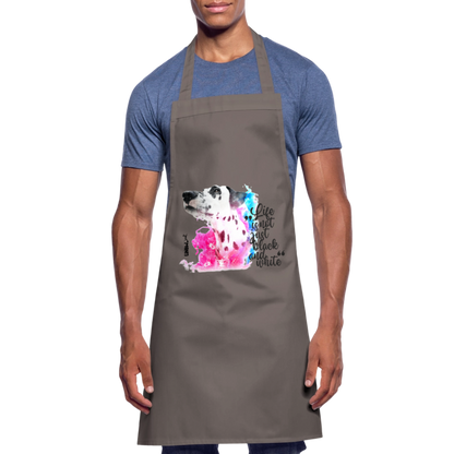 Kochschürze „Life is not just black and white“ – Statement mit Dalmatiner und Farb-Splash - Grau