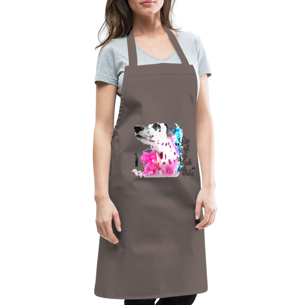 Kochschürze „Life is not just black and white“ – Statement mit Dalmatiner und Farb-Splash - Grau
