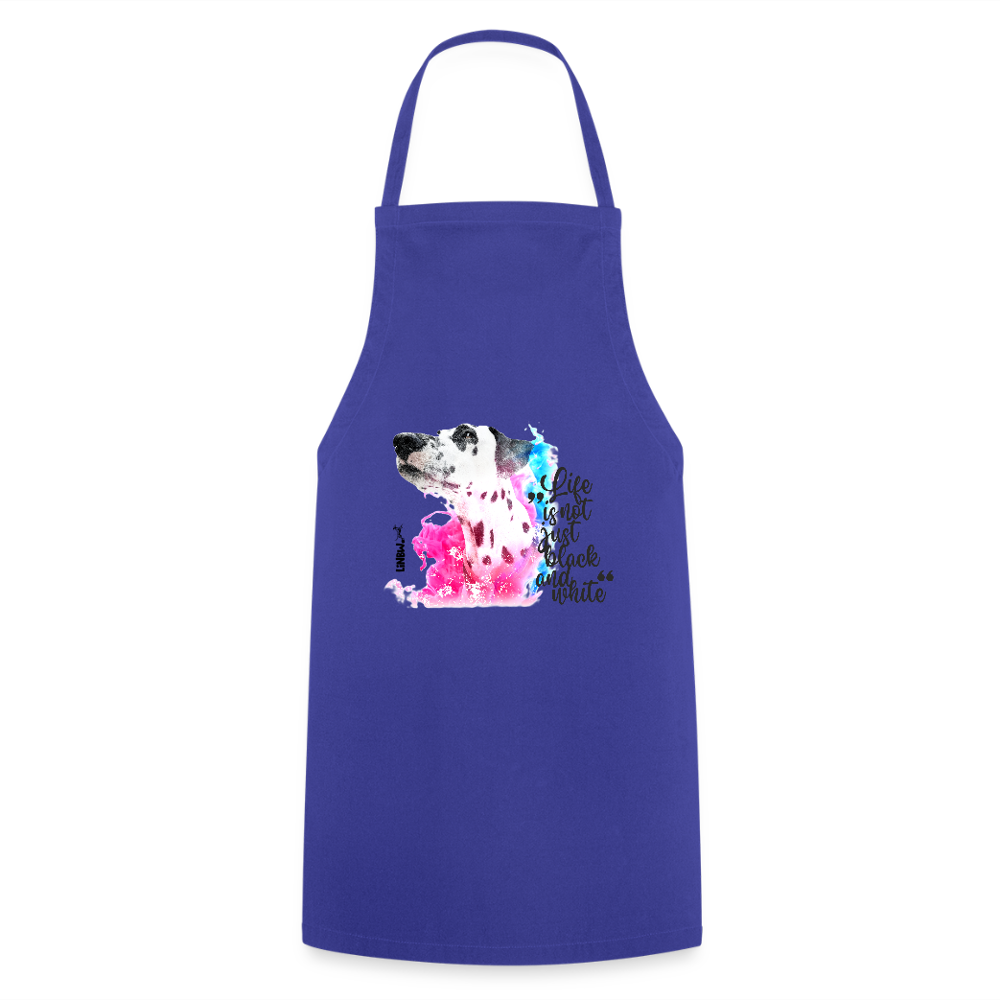 Kochschürze „Life is not just black and white“ – Statement mit Dalmatiner und Farb-Splash - Royalblau