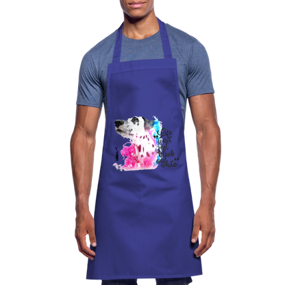 Kochschürze „Life is not just black and white“ – Statement mit Dalmatiner und Farb-Splash - Royalblau