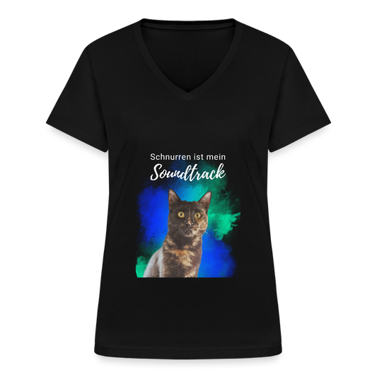 LiNBW. Frauen T-Shirt V-Ausschnitt Schnurren ist mein Soundtrack - Schwarz